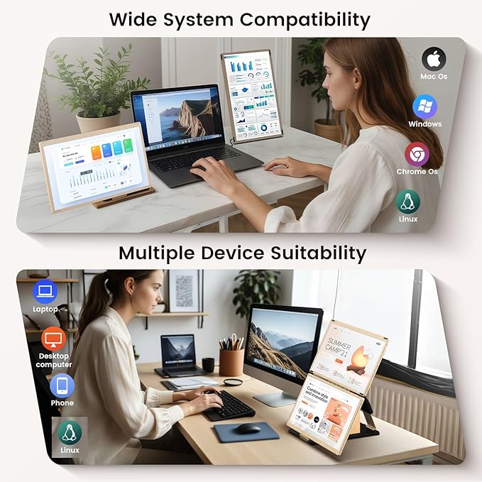 Laptop Extender 15.6-inch, 1080P FHD Portable Monitor with 120% sRGB, 235Rotation Detachable Screen, Plug & Play, Triple Screen Laptop Monitor Extender Compatible with Windows, Mac, Chrome