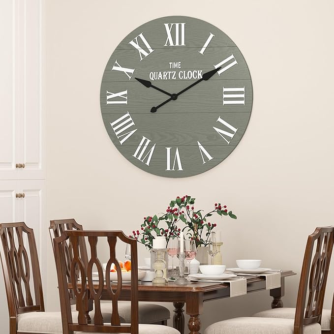 ARTPOWER Large Farmhouse Wall Clock, 35.5” Shiplap Wall Clock with Roman Numeral, Nearly Non-Ticking, Round Wall Clocks for Living Room Decor, Office, Bedroom, Entrance, Sage Green