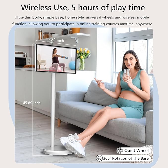 OFD 21.5 Inch 2nd Gen Portable TV on Wheels 1080P,100%sRGB,6+128GB Storage,Android 15 OS Touchscreen RollingTV with 13MP Webcam,Remote Control,Wireless Projection,6000 mAh Battery,EDLA-Certified,White