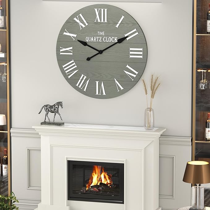 ARTPOWER Large Farmhouse Wall Clock, 35.5” Shiplap Wall Clock with Roman Numeral, Nearly Non-Ticking, Round Wall Clocks for Living Room Decor, Office, Bedroom, Entrance, Sage Green