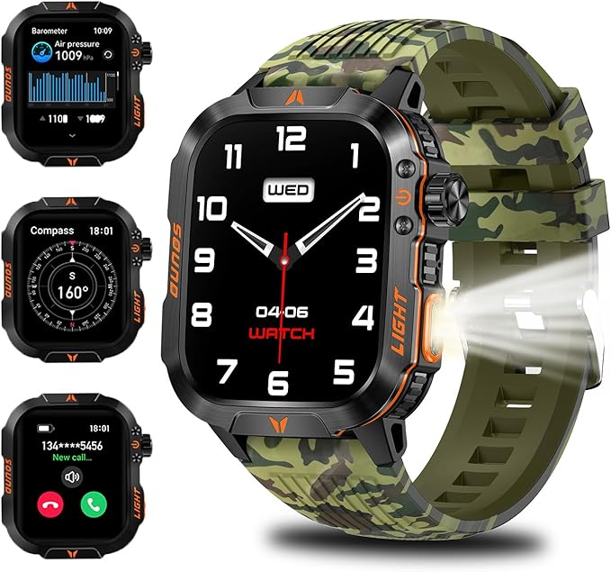 QTLLBT Smart Watch Receive/Make Calls LED Flashlight Compass Altitude 2.01HD Fitness Tracker Multi-Watch Face 100+ Sports Mode for Android iOS (Camouflage Green)