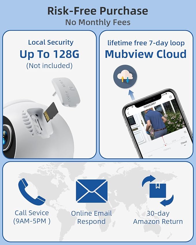 MUBVIEW Solar Security Cameras Wireless Outdoor, 2K 360° PTZ Battery Powered Outdoor Camera, 2.4Ghz WiFi Home Security Camera, Color Night Vision, Motion Detection, 2-Way Audio, Local/Cloud Storage