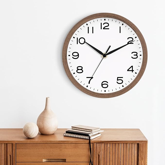 AKCISOT Wall Clock, Modern Small Wall Clocks Battery Operated 8 Inch, Silent Non-Ticking Analog Classic for Office, Home, Bathroom, Kitchen, Bedroom, School(Walnut Grain)