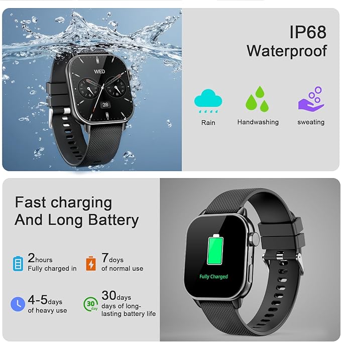 Smart Watch for Men Women, 1.85'' AMOLED HD Fitness Watch with 120+ Sports Modes, Bluetooth Call/Heart Rate/Sleep Monitor/Pedometer, Smartwatch for Android iOS, IP68 Waterproof, Black