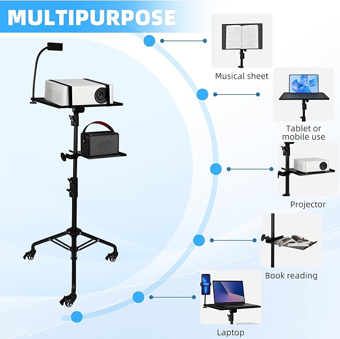 Projector Stand Tripod – 24 to 59 Inch Adjustable Height – Dual Shelves Laptop Tripod Stand with Moveable Wheels and Phone Holder, Portable Laptop Stand for Office, Stage & Outdoor Use
