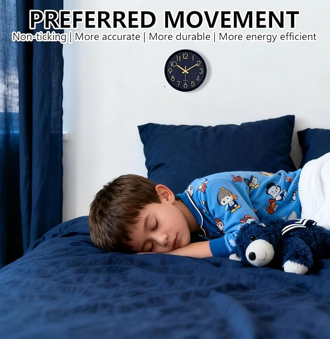 Silent Wall Clocks Battery Operated 8 Inch, Analog Wall Clock with Large Number Tempered Glass Clock Face, Navy Blue Quartz Non Ticking Wall Clocks for Living Room Bedroom Kitchen Office