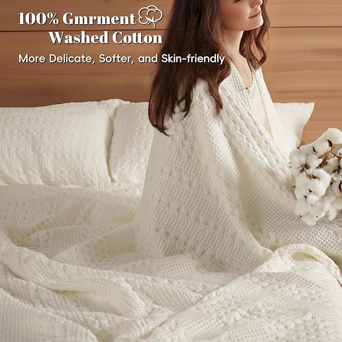 PHF 100% Cotton Waffle Weave Blanket Queen Size, Soft Lightweight Breathable Cozy Summer Blankets for Bed, Luxury Aesthetic Woven Bedding for Home Decor, 90"x90", Ivory