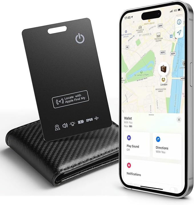 Wallet Tracker Card – Works with Apple Find My [Apple MFi Certified, iOS Only], Slim 1.65mm Bluetooth Item Finder, IP68 Waterproof, Wireless Rechargeable GPS Locator for Wallet, Keys & Luggage