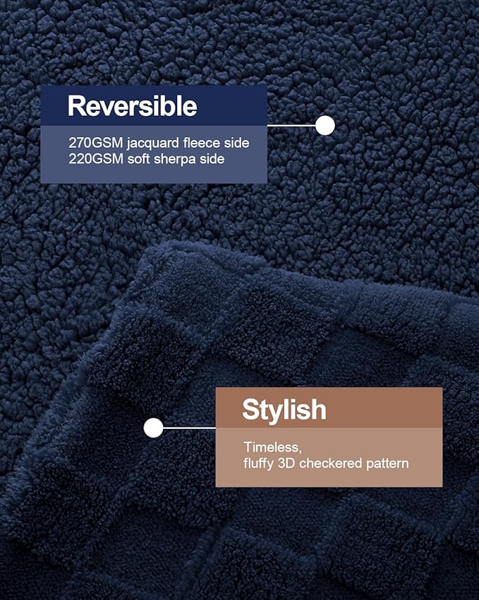 Pawque Super Soft Cozy Throw Blanket for Couch Bed - Fluffy Sherpa Fleece Reversible Thick Warm Fuzzy Blanket for All-Season, 3D Checkered Jacquard Elegant Decorative Blankets, Navy Blue, 50" x 60"