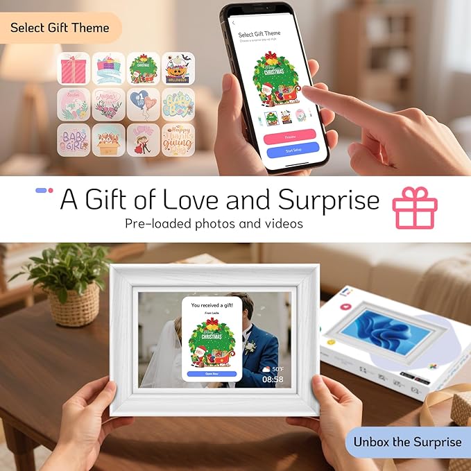 NexFoto Touchscreen Digital Picture Frame 10.1 Inch 64GB, WiFi Photo Frame Electronic, Add Pics from Google Photos, Easy to Share Videos via App/USB/Micro SD, for Christmas/Mom/Birthday, White Wood