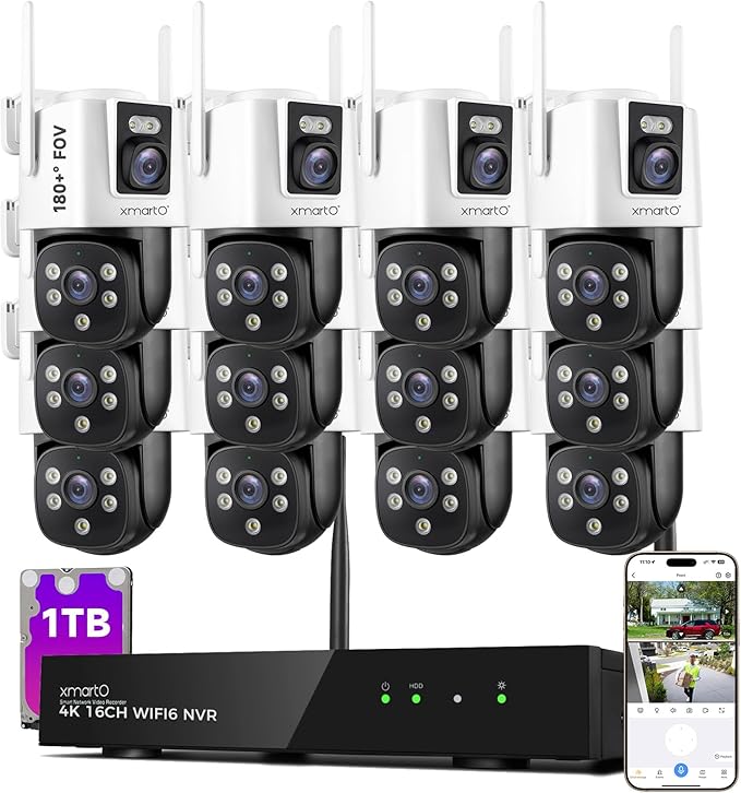 [2-in-1 CAM*12] XMARTO 24-VIEW WiFi 6 Mesh Security Camera System Outdoor Wireless, 12x Dual-Lens CAM, 16CH 4K Long Range WiFi6 Surveillance NVR Kit, 4MP PTZ Home CCTV Set w. 500GB HDD, No Monthly Fee