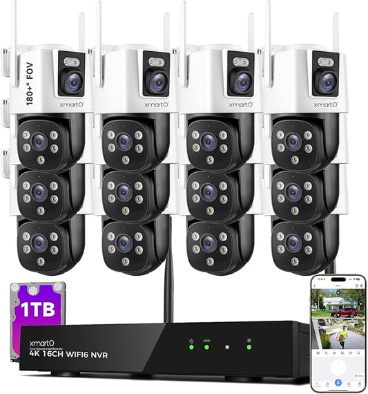[2-in-1 CAM*12] XMARTO 24-VIEW WiFi 6 Mesh Security Camera System Outdoor Wireless, 12x Dual-Lens CAM, 16CH 4K Long Range WiFi6 Surveillance NVR Kit, 4MP PTZ Home CCTV Set w. 500GB HDD, No Monthly Fee