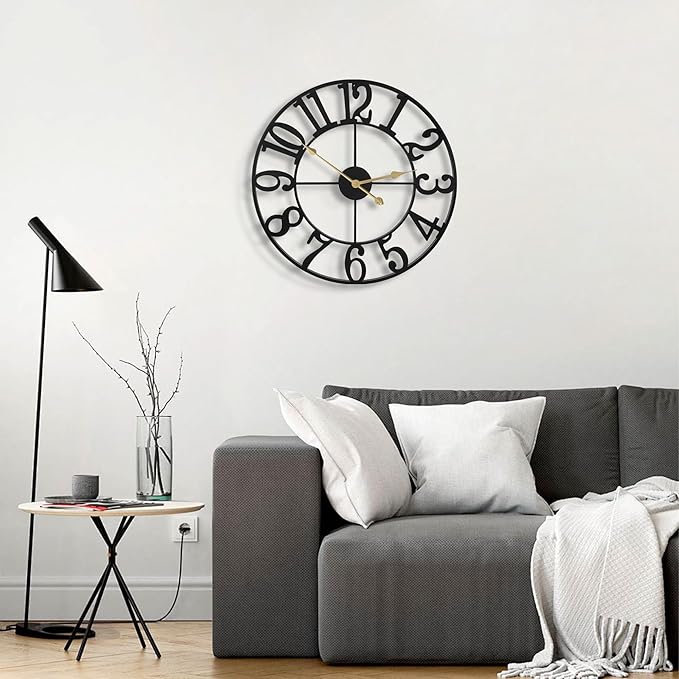 Large Wall Clocks for Living Room Decor, 16 Inch Round Black Metal Silent Non Ticking Battery Operated Jumbo Numerals Modern Vintage Decorative Clock Wall for Bedroom,Kitchen,Office,Farmhouse