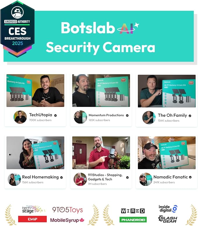 BOTSLAB Security Cameras Wireless Outdoor, 4 Cam-Kit, 4K Color Night Vision, Solar Security Camera System with 360° PT, No Monthly Fee,32GB Local Storage Base Station,AI Recognition,DIY Installation