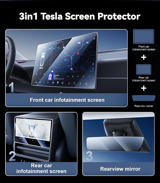 3 in 1 New Model Y Juniper & Model 3 Highland Screen Protector Matte 3-Piece Protector Set: Center Display + Rear Touchscreen + Interior Rearview Mirror Model Y (2025-2026) Model 3 (2024-2026)