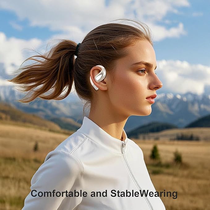 Open Ear Clip Wireless Earbuds Bone Conduction Headphones, Bluetooth 5.4, Open Ear Design, Built-in Mic, IPX7 Waterproof, LED Display Charging Case,Ear Hooks Ear Buds,Design for Running Fitness