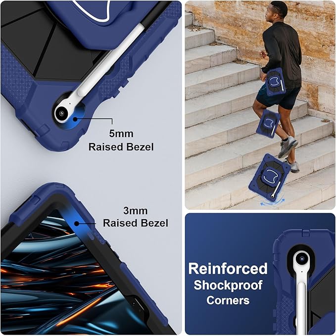 Case for Samsung Galaxy Tab S10 Lite / S10 FE / S9 FE 10.9 Inch & Galaxy Tab S9 11 Inch, Rugged Samsung S10 FE Case with Pen Holder 360 Rotating Stand Shoulder Strap Screen Protector,Navy Black
