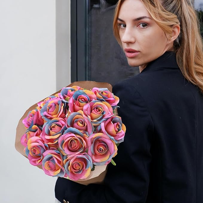 Rainbow Fake Roses Artificial Flowers - 16 Pcs Fake Artificial Roses Silk Flowers with Stems for Home Wedding Hotel Office Centerpiece Decor（Rainbow）