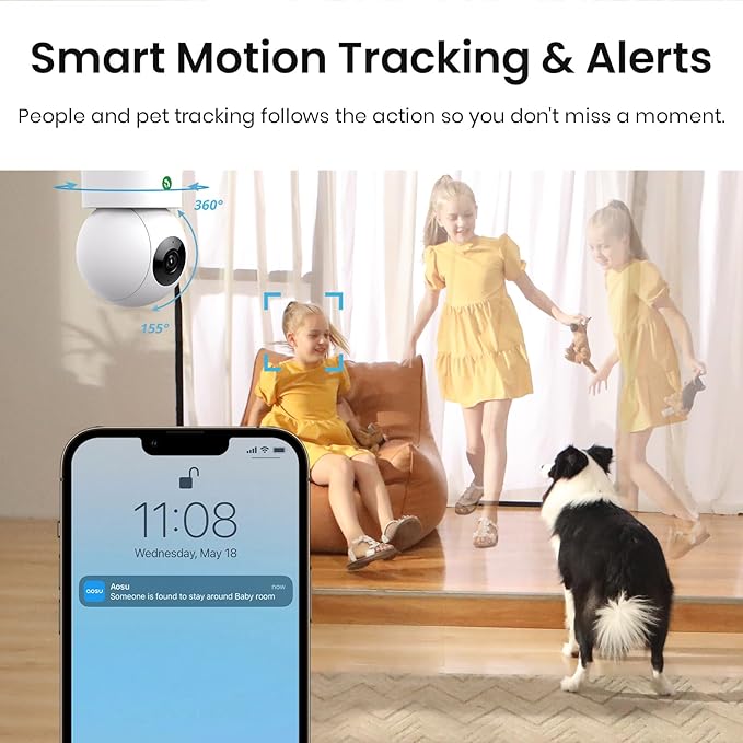 aosu 2K Security Camera Indoor, Baby Monitor Pet Camera 360-Degree for Home Security with 2.4 GHz Wi-Fi Router, One-Touch Call, Smart Motion Tracking, IR Night Vision, Compatible with Alexa