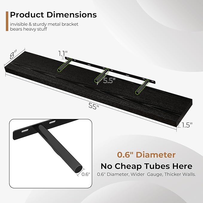 Fun Memories 55 Inch Floating Shelves for Wall, Fireplace Mantel Shelf with Invisible Heavy Duty Bracket, 8 Inch Deep Storage Shelf for Living Room, Kitchen, Farmhouse, Black