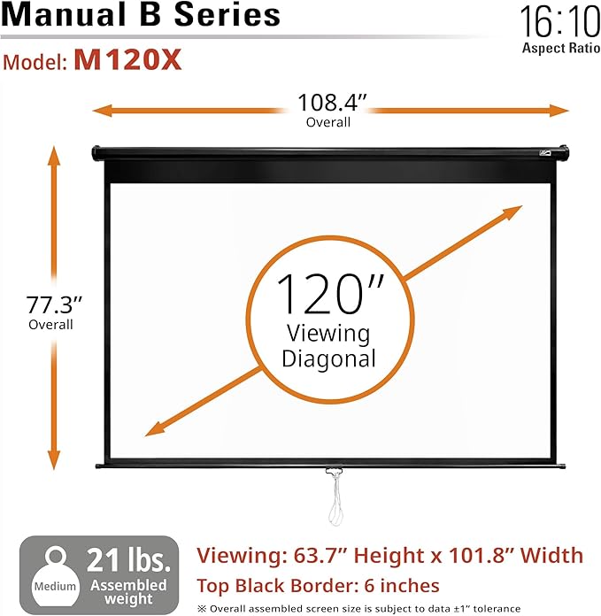 Elite Screens Manual B, 120-INCH, 16:10 aspect ratio, Manual Pull Down Projector Screen 4K / 8K Ultra HDR 3D Ready with Auto-Lock Mechanism, 2-YEAR WARRANTY, M120X