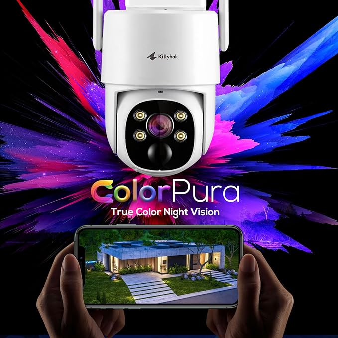 Kittyhok 【ColorPura PTZ Solar Security Camera Outdoor Wireless, Pro True Color Night Vision, Solar Powered, 2K FHD, Human Detection, 2 Way Audio, IP66 Weatherproof, Local Recording for Home Security