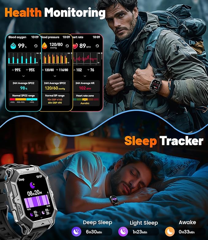 TX1 Military Smart Watch for Men, 1000mAh 80 Days Long Battery, 2.13'' AMOLED Smartwatch, 100+ Sport Mode/IP68 Waterproof Fitness Tracker, Rugged Smart Watch for Android iOS Compatible