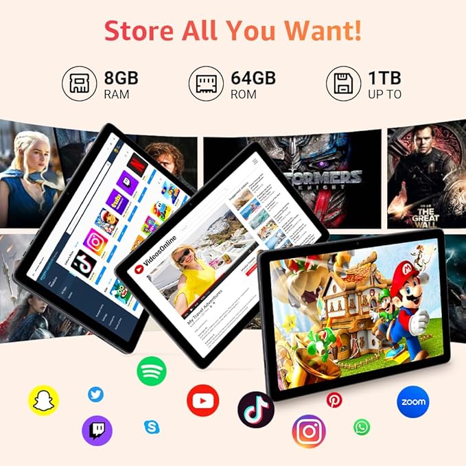 Tablet 10.1 inch, Android 14 Tablets with Octa-core Processor, 8GB + 64GB Storage Up to 1TB Expandable, HD IPS Screen, Long Battery Life, WiFi6, Fast & Portable Tablet for Work & Entertainment