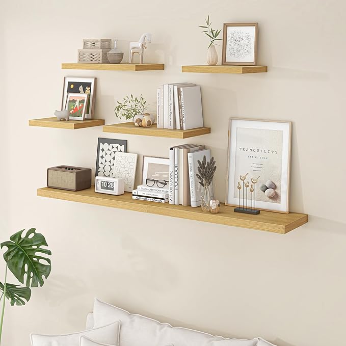 Fun Memories Floating Shelves - 2 Pack 12 Inch Rustic Wooden Wall Shelves - Extra Deeper & Thicker Wall Mounted Storage Shelf for Living Room, Kitchen, Farmhouse - 16" W x 12" D x 1.5" H - Oak