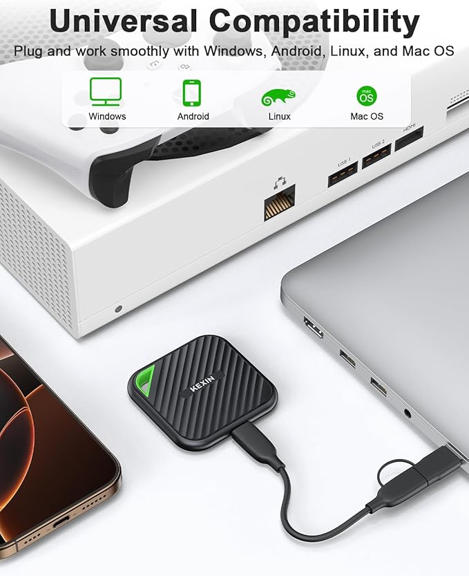 KEXIN External SSD 1TB USB C Portable SSD Up to 2000MB/s External Solid State Drive USB 3.2 Gen 2x2 Type-C Portable Solid State Drive for PC Mac Game Console