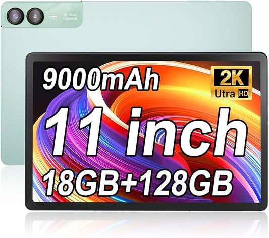Android 14 Tablet 11 Inch, 18GB RAM 128GB ROM 1TB Expand, Octa-Core 2.0GHz CPU,5G WiFi, 2K Display, 13MP+5MP+5MP Camera, 9000mAh Battery, Electronic Tablets with Keyboard Case Stylus(Green)