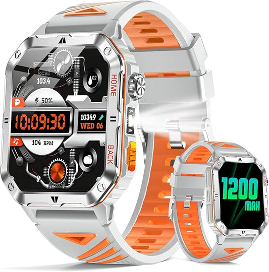 Military Smart Watch for Men, 2.01'' Fitness Tracker with 1200mAh Long Battery Life, Bluetooth Calls, Flashlight, IP68 Waterproof, Heart Rate/Sleep Tracking, 100+ Sports Modes for Android iPhone