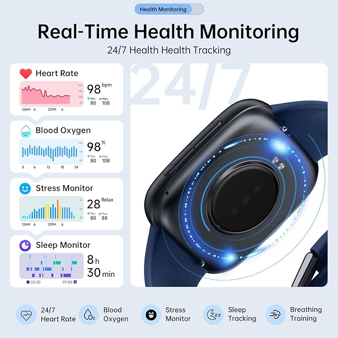 Latest Smart Watches for Women & Men - Performance Upgraded, 1.85-inch AMOLED HD Display (390x450), 12-Day Battery Life, 3ATM Waterproof (30m), Call, Health Monitoring, Fitness Tracker (D-Blue)