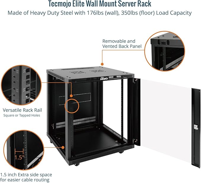 Tecmojo 15U Wall Mount Rack,15U Rack 23.6 Inch Depth,Hold Up to 176 Lbs,Enclosed Wall Mount Rack with 2 Colling Fans,for 19 Inch Network,Server and AV Gear,Glass Door(Elite Collection)