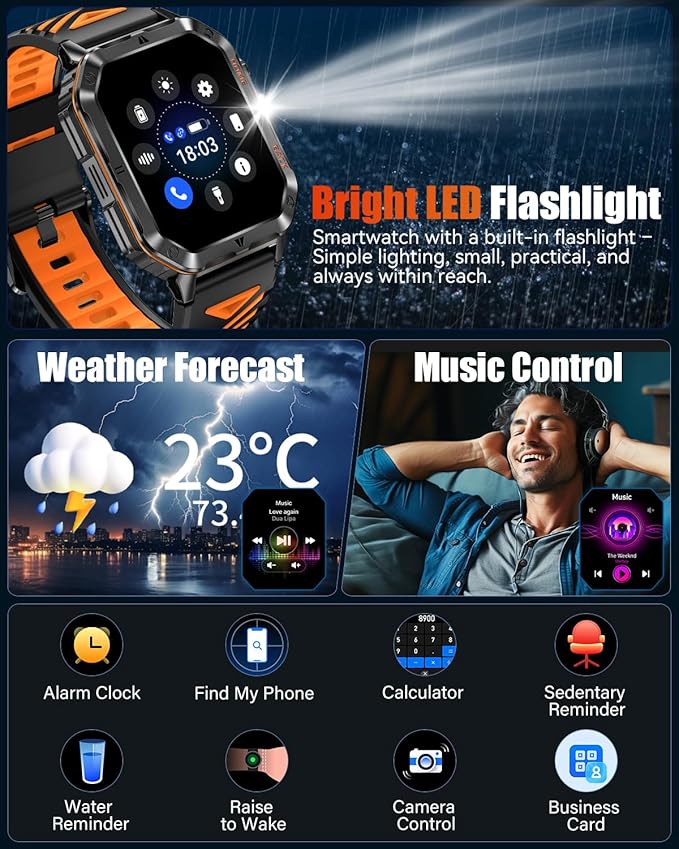 Military Smart Watch for Men, 2.01'' Fitness Tracker with 1200mAh Long Battery Life, Bluetooth Calls, Flashlight, IP68 Waterproof, Heart Rate/Sleep Tracking, 100+ Sports Modes for Android iPhone