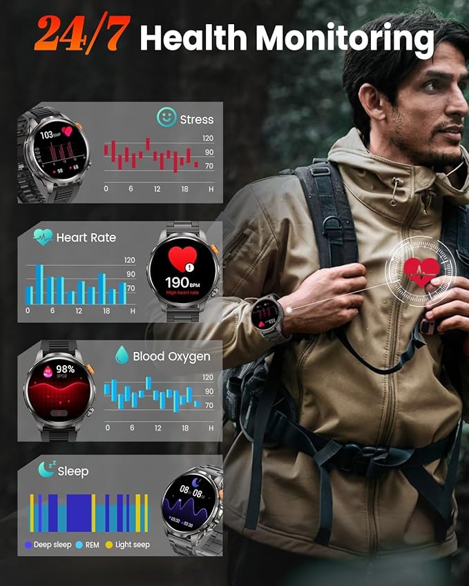 Smart Watches for Men, Military Smart Watch with 100 Days Battery/Flashlight/Heart Rate/Sleep/SpO2 Monitor/Call/110+ Sports Mode, 5 ATM Rugged Men's Fitness Tracker Watch for Android iPhone Compatible