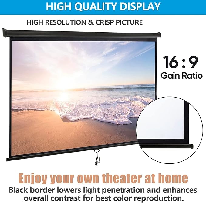 Projector Screen 100 Inch 16:9 HD Portable Manual Pull Down Projector Screen, Wall Ceiling Mounted Retractable Widescreen for Home Theater Cinema Office Movie TV Game, Black