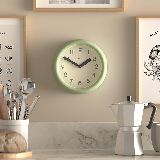 JONES CLOCKS® Fuze Wall Clock | Small Round Clock | Matcha Green | Playful Modern Design with Soft sculptural Presence | Ideal for Kitchens Living Rooms Kid's bedrooms