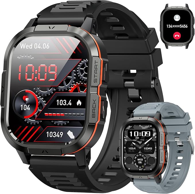 Smart Watch for Men Fitness Tracker: Waterproof Make/Answer Call Military Digital Watches Run Smartwatch Android Phones iPhone Samsung Compatible Heart Rate Monitor Orange Black