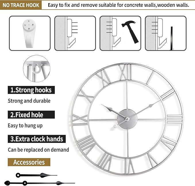 Large Wall Clock - 40cm/ 16 Inches Silent Non-Ticking Metal Wall Clock, Vintage Modern Silver, Battery Operated, Ideal for Living Room, Bedroom, Office, Farmhouse Decor
