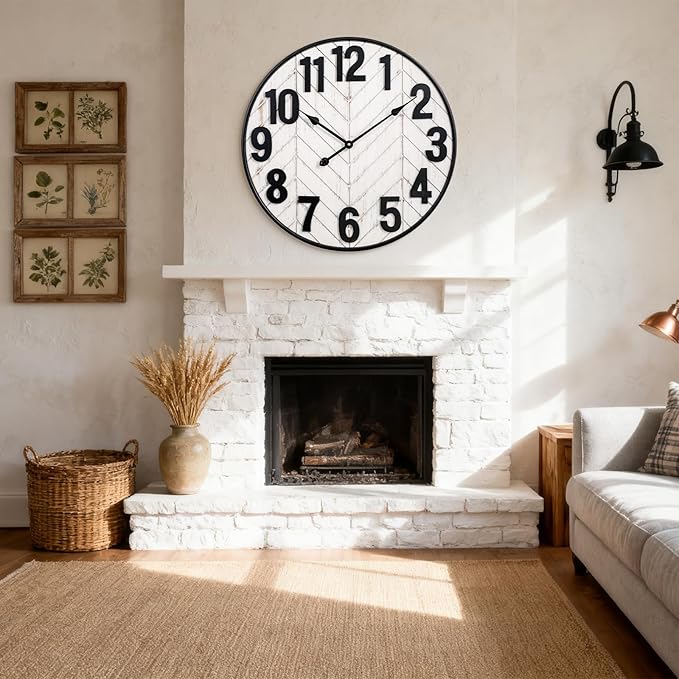 30 Inch Large Wall Clock, Oversized Wood Farmhouse Wall Clock with Metal Frame, Battery Operated Non-Ticking Silent Wall Clocks for Living Room, Kitchen, Bedroom Decor (Whitewashed)