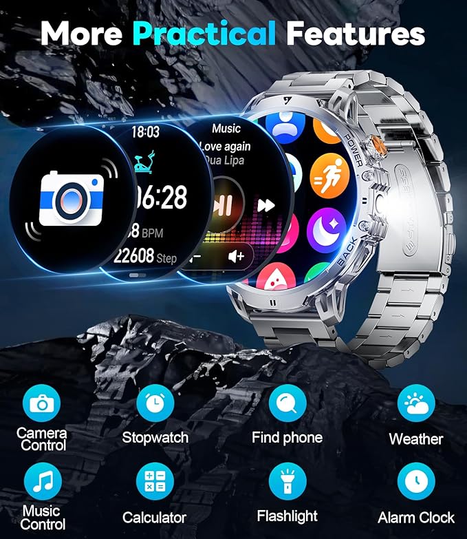 LIGE Smart Watch with 1.85" HD Large Screen, Android iPhone Smart Watches for Men with 1000mAh Battery/LED Flashlight/50M Waterproof/,120+ Sports Fitness Tracker Watch, Silver (Double Straps)