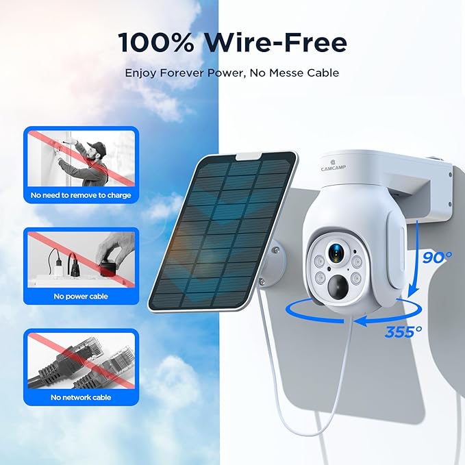 Camcamp 4MP Battery Powered WiFi Camera with Solar Panel, Spotlight, PTZ, 2-Way Audio, Smart Human Detection, Cannot Work Alone, Only Compatible SC23 Solar Security Camera System