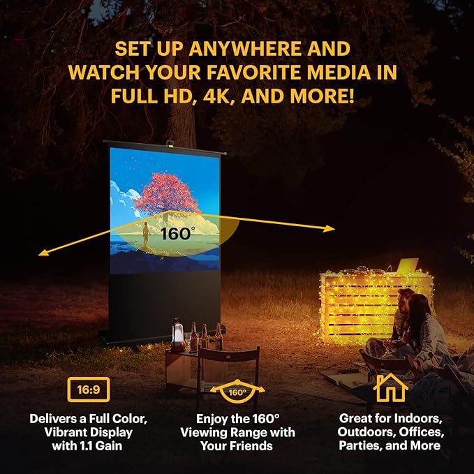 Kodak Portable Projector Screen | 60” Indoor & Outdoor 16:9 Video Projection Surface & Stand with Carry Handle | 1080p, 4K/8K UHD, 3D & HDR Ready | Fast Setup for Movies, Office Presentations & More