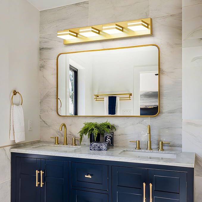 Modern LED Bathroom Lights Fixtures(4-Light),Metal Gold Acrylic Wall Lighting,Vanity Lights for Bathroom Over Mirror(6000k 27in)
