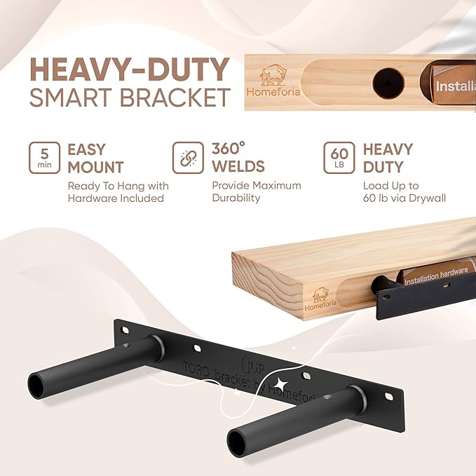 Homeforia Walnut Floating Bathroom Shelves, High End Solid Real Wood 16 inch Small Floating Shelf for Wall Mounted, Dark Brown 16inch Floating Shelves, Heavy Duty Bracket, 16 X 6.5 X 1.75 in, Set of 2