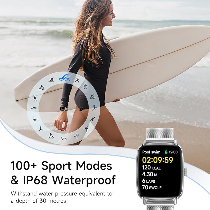 Smart Watch for Men Women, 1.85" HD Smartwatch Compatible iPhone/Samsung/Android (Answer/Make Calls), 100+ Sport Modes Fitness Tracker with Heart Rate/Sleep/SpO2 Monitor, IP68 Waterproof, Metal Band