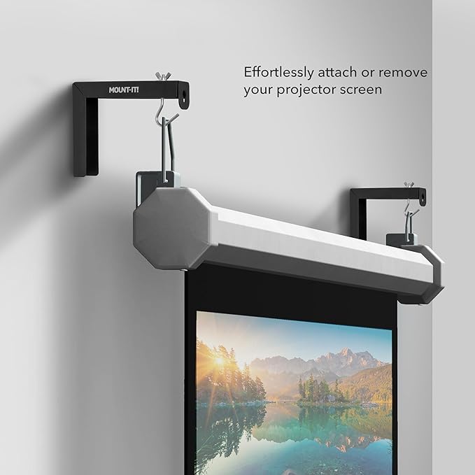 Mount-It! Projector Screen Wall Mount L-Brackets - Wall Hanging Bracket For Home Projector and Movie Screens, 6 inch Adjustable Mounting Hooks for Projection Screen, 1 Pair, Black, 66 Lb Capacity Each