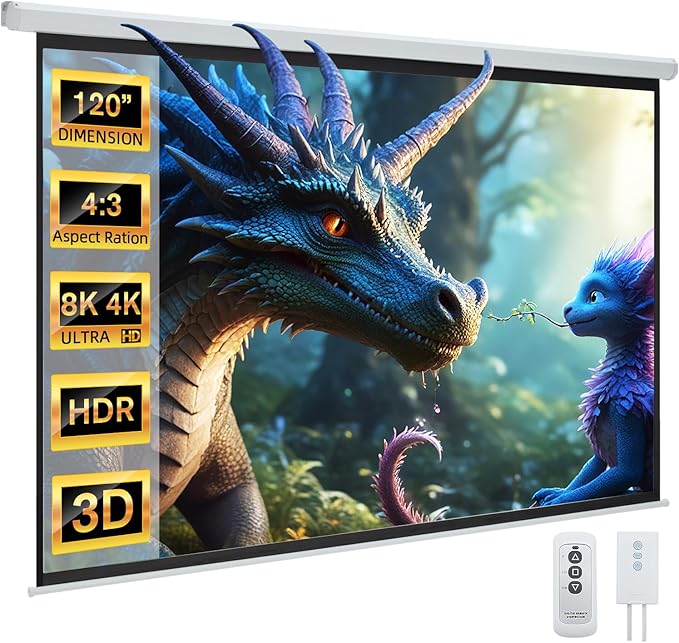 YODOLLA 120 inch Projector Screen Motorized,4:3 HD Retractable Electric Projector Screen 4K 3D Wall Mounted Ceiling Automatic Projection Screen Drop Down with Remote Movie Screen for Indoor Outdoor