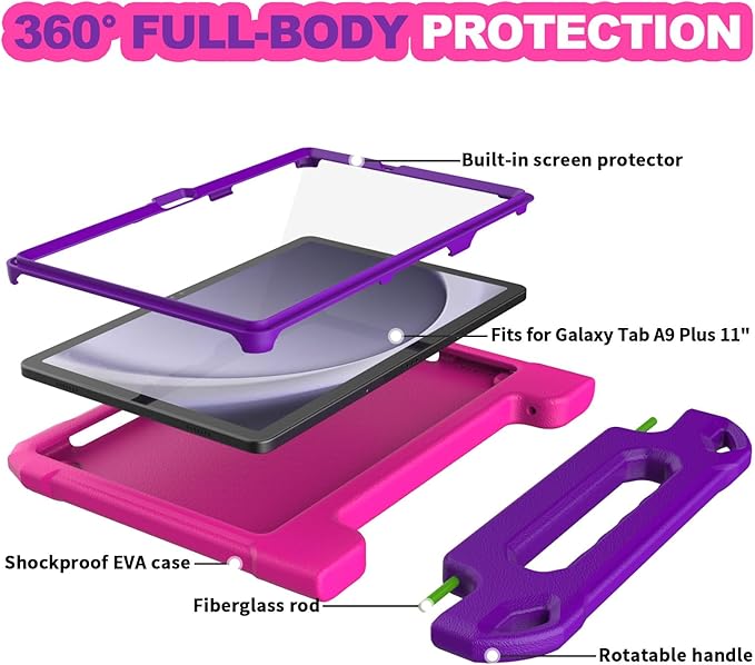 YIHE Kids Case for Samsung Galaxy Tab A11 Plus 2025 & A9 Plus 2023 11 Inch, Shockproof Handle Stand Cover with Built-in Screen Protector, Pink&Purple